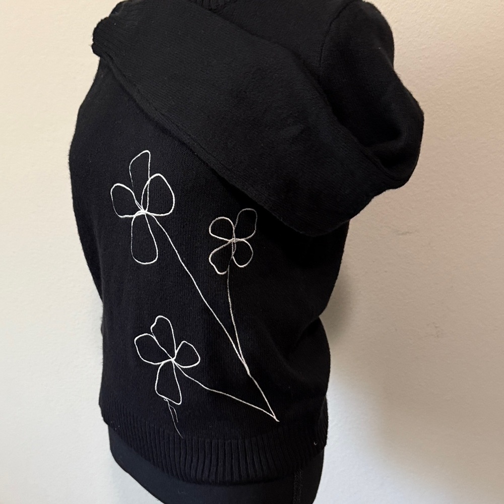 LOFT Outlet Black Sweater with Embroidered White Floral Design